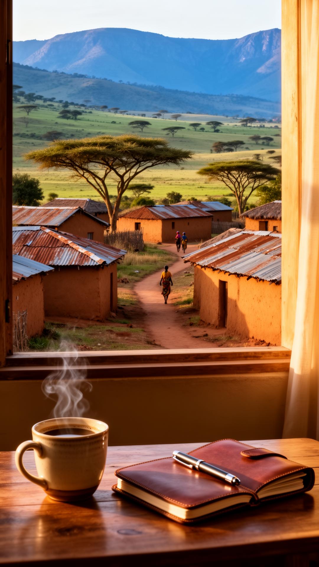 A cup of coffee and an open journal on a wooden table, with a view through a window onto a quiet East African highland village at golden hour