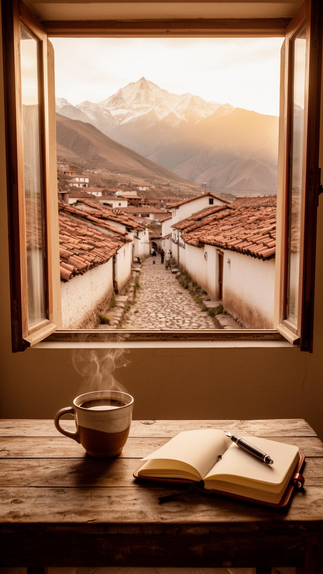 A cup of coffee and an open journal on a wooden table, with a view through a window onto an Andean village with terracotta rooftops and snow-capped peaks at golden hour