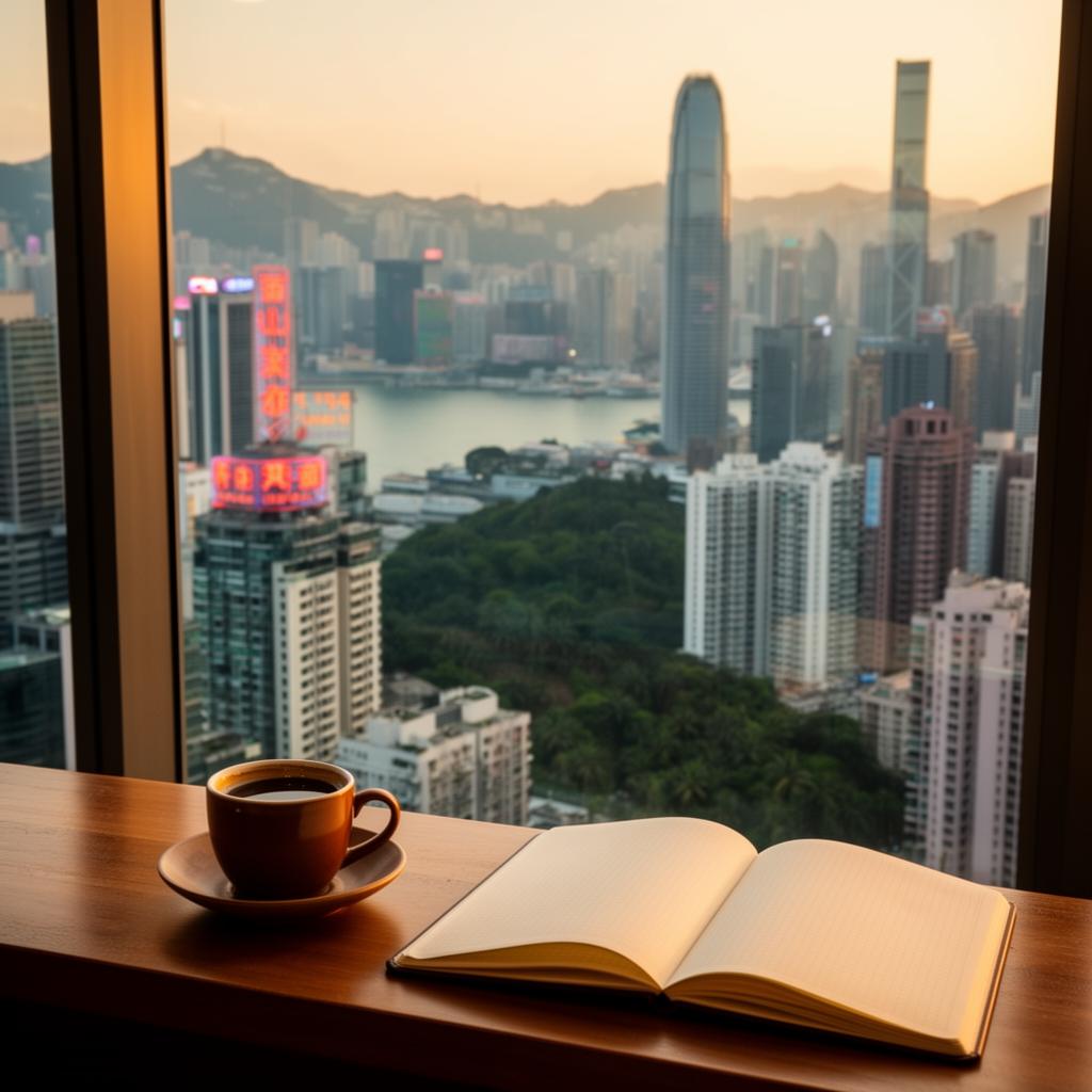 A cup of coffee and an open journal on a wooden desk by a high window, looking out over a dense modern Asian metropolis skyline of glass high-rises along a harbor at golden hour, with faint neon Chinese signage on nearby towers